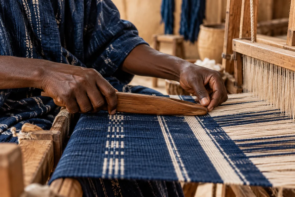 Illustration : mains d’un artisan travaillant un textile indigo